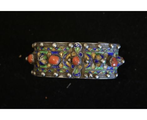 Eastern silver enamel and coral set cuff bangle