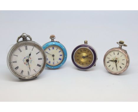 Four silver fob watches including enamel cased