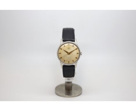 Vintage Omega, circular honeycomb dial with gold hour markers and hands, centre seconds, 33mm stainless steel case, Omega cro