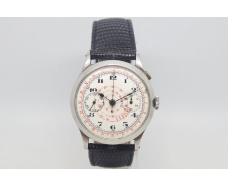 Gents Oversized Military Stainless steel chronograph circa 1940s, two register porcelain dial and three outer tracks for meas
