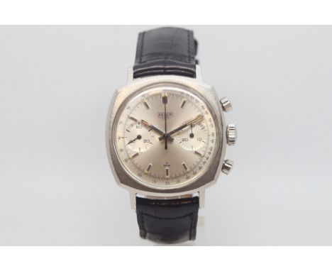 Vintage Heuer chronograph, silvered dial with twin register chronograph, baton hour markers, outer track, 36mm cushion shaped