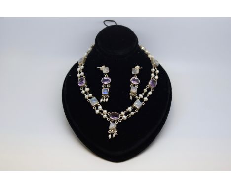 Moonstone, amethyst and pearl fringe necklace, set in silver, together with a pair of matching earrings