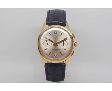 Vintage Dreffa Geneve chronograph, silvered dial with gilt baton hour markers, two subsidiary chronograph dials, red and blue
