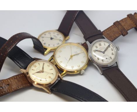 Four watches including; Favre-Leuba Geneve 17-jewel Swiss gents/boys wristwatch with gilt case, white enamel dial and gilt Ar