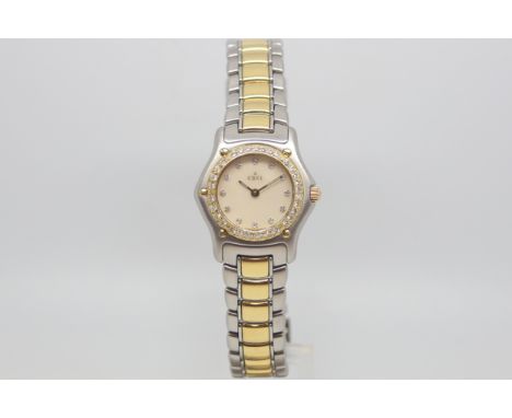 Ladies diamond set Ebel 1911, mother of pearl dial with diamond hour markers, diamond set bezel, steel and gold case and brac
