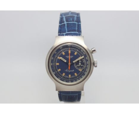 Vintage Longines Conquest chronograph, circular blue dial with single subsidiary chronograph dial to three o'clock position, 