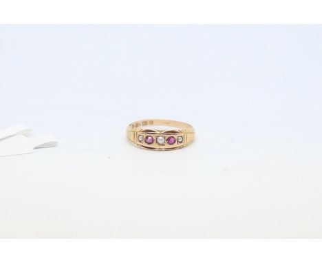 Victorian ruby and split pearl ring, hallmarked 15ct gold, ring size P