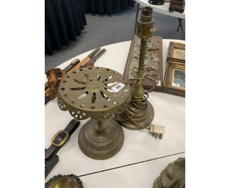 BRASS TRIVET, TABLE LAMP, SCALES