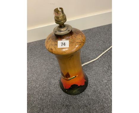EDWARDIAN WOODEN TABLE LAMP  WITH PAINTED SCENE WITH FLYING DUCK 15"