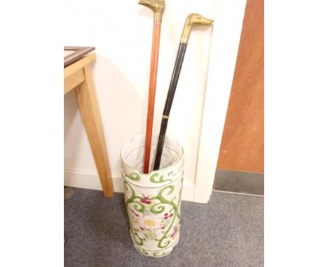 POTTERY STICK STAND WITH 2 CANES POTTERY STICK STAND WITH 2 BRASS HEADED WALKING CANES