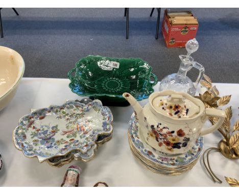 COLLECTION OF MASONS PATENT IRONSTONE PLATES &amp; DISHES , WEDGWOOD GREEN GLAZED DISH, TEAPOT , EDGED GLASS DECANTER. 14 ITE