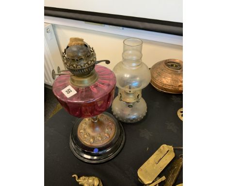 CRANBERRY GLASS OIL LAMP  WITH SMALLER OIL LAMP