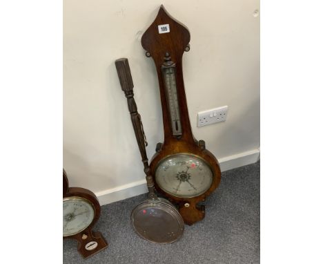 VICTORIAN BANJO OAK CASED BAROMETER WITH COPPER WARMING PAN