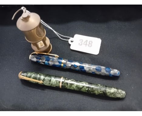MINIATURE BRASS MINORS LAMP, 2 VINTAGE FOUNTAIN PENS  