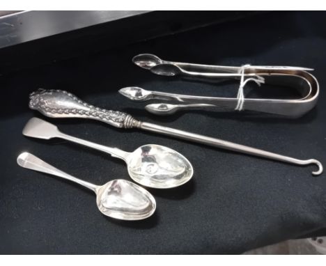 SILVER HANDLED BUTTON HOOK, SUGAR NIPS, SPOONS ETC