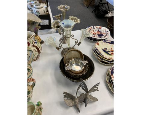 EDWARDIAN SILVER PLATED EPERGNE WITH MODERN QUAICH PLATED DISHES , BOWL ECT. 9 PIECES