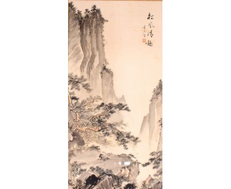 Two Chinese landscape paintings on silk, inscribed various calligraphy and seal marks, 80cm x 40cm