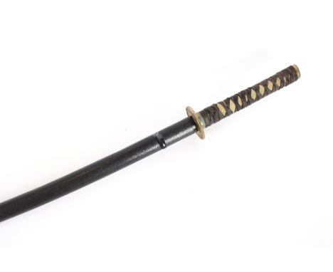 A Japanese sword, with an embossed brass Tsuba, decorated with a warrior, bound faux shagreen handle, complete with scabbard