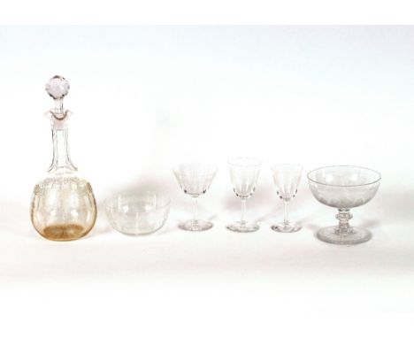 A part suite of early 20th Century etched glassware, comprising finger bowls, decanter, and various wine glasses etc.