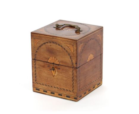 A George III mahogany and satinwood inlaid decanter box, fitted four square glass bottles and a drinking glass