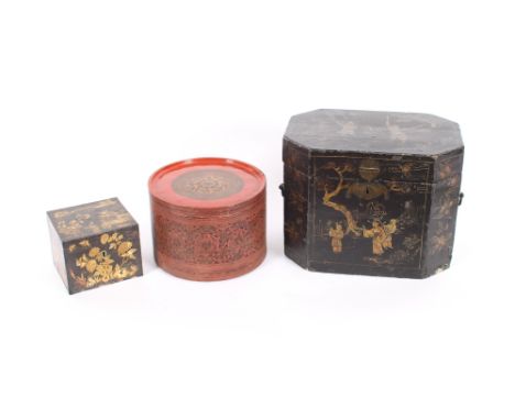 A 19th Century Japan lacquered tea caddy, with pewter interior canister; a similar workbox; and an oriental lacquered circula
