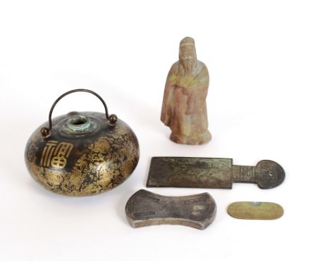 A Chinese bronzed pot, with gold splash decoration, seal mark to base; a Chinese metal token; a small yellow metal example; a