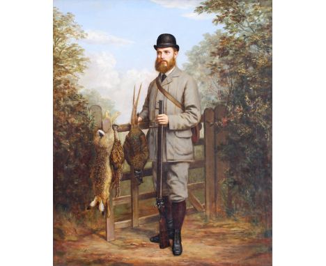 James Russell, study of a gentleman at the end of the day's shoot, stood by a gate post with gun and day's bag, signed oil on