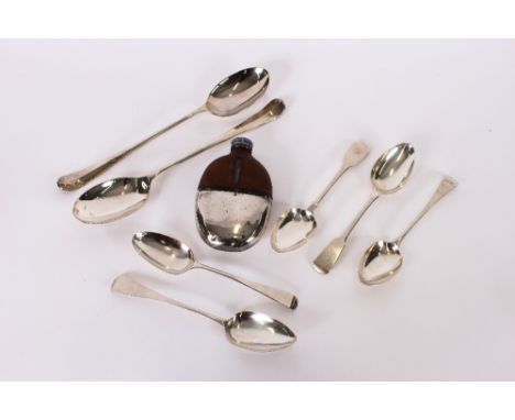 Three George III silver Old English pattern tablespoons; a pair of Fiddle pattern similar, monogrammed; a pair of large plate