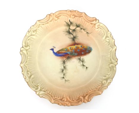 A Locke & Co. Worcester cabinet plate, with painted decoration of a peacock on blush ivory ground, 20cm dia.