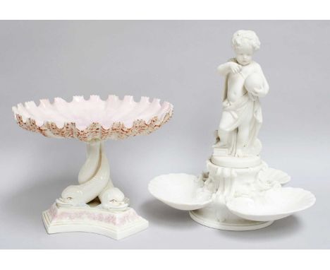 A Minton Parian Centre Piece, surmounted by a putti holding a globe, and with three shell-formed dishes below, impressed mark