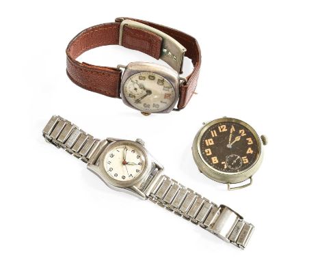 A First World War Period Military Black Enamel Dial Wristwatch, nickel plated case with an engraved back cover Broad Arrow an