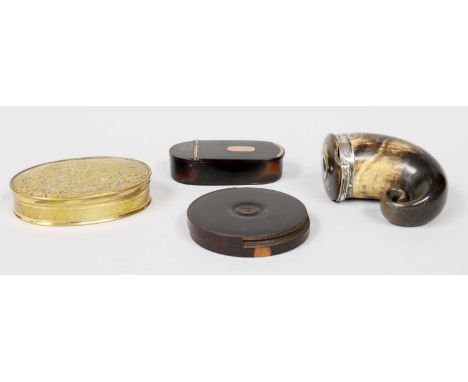 A George III Tortoiseshell Snuff Box, with yellow metal mounts, together with A Horn Snuff Mull, An Ovoid Brass Snuff Box, em