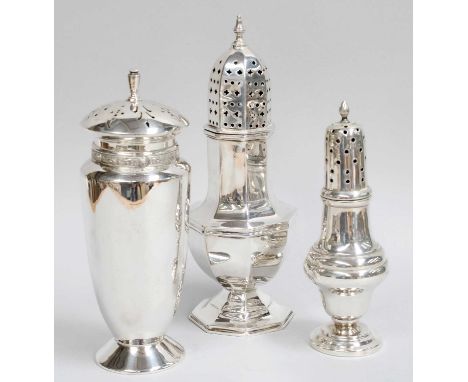 Three Edward VII or Elizabeth II Silver Casters, one octagonal and on spreading foot, by Emile Viner, Sheffield, 1957, 18.5cm