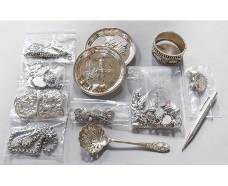 A Collection of Assorted Silver Jewellery and Other Items, including a bangle; watch-chains; an Art Nouveau buckle, a pair of