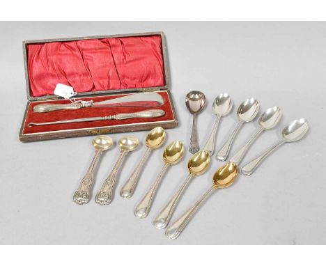 A Collection of Assorted Victorian and Later Silver Flatware, comprising a pair of King's pattern condiment-spoons; a set of 