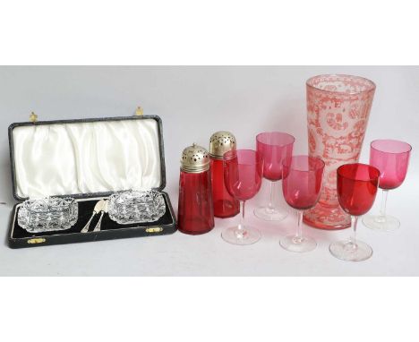 A Bohemian Ruby Glass Vase, a pair of cranberry glass sifters; a set of five cranberry glass goblets, and a pair of cased cut