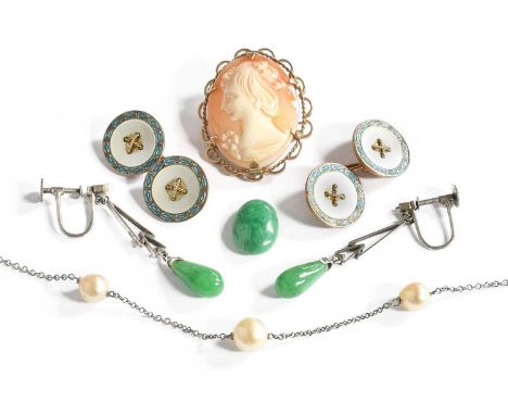 A Small Quantity of Jewellery, including a pair of enamel cufflinks, stamped '9C'; a cameo brooch, in a 9 carat gold frame; a