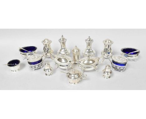 A Collection of Assorted Silver Condiment-Items, comprising a condiment-set with gadrooned border, comprising a pair of musta