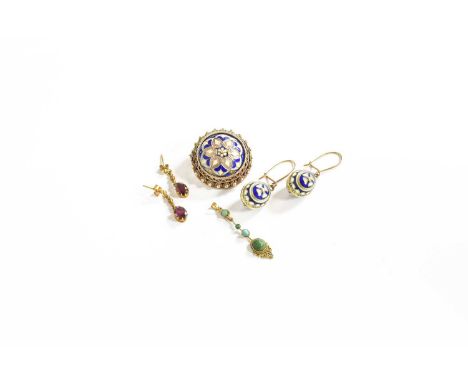 A Small Quantity of Jewellery, comprising of a pair of garnet drop earrings, with post fittings; a pair of enamel drop earrin