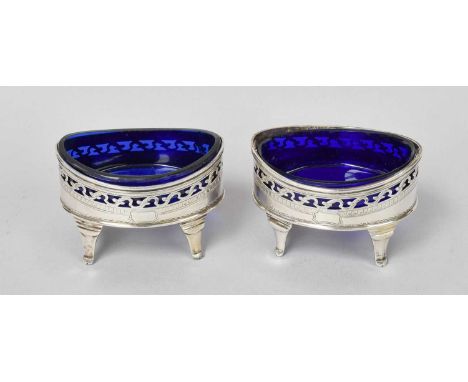 A Pair of George III Silver Salt-Cellars, by John Lambe, London, 1796, each oval and on four panel feet, the sides pierced an