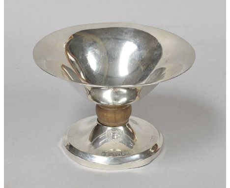 A Dutch Silver and Wood Bowl, Makers Mark CBJ, 1953, the bowl tapering, the spreading foot with wood knopped stem, engraved w
