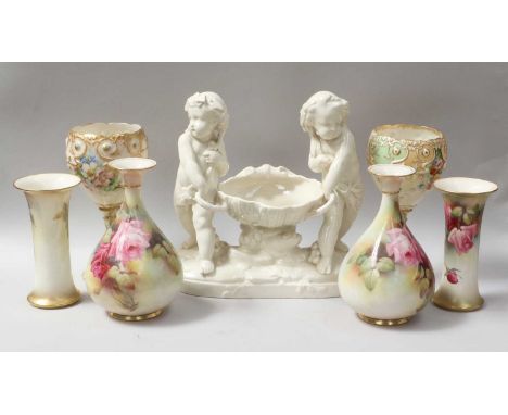 Royal Worcester Rose Painted Vases, a Moore &amp; Co. style centerpiece and a pair of Nuatilus Porcelian goblets (one tray)