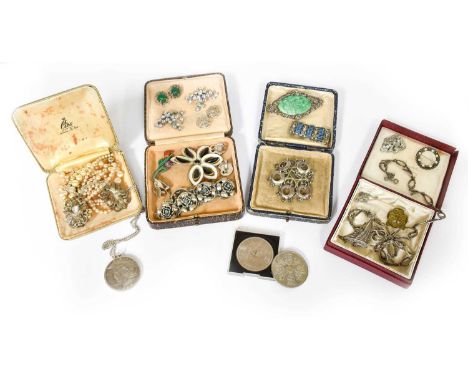 A Quantity of Jewellery, including a pair of Georg Jensen earrings, numbered 100, with clip fittings; an enamel brooch; marca