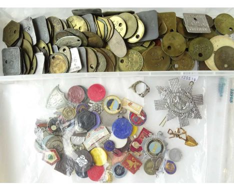 Mining Related Badges and Tokens, including approx. 150-200 miner's pit-checks and a 9ct gold 'South Africa' brooch (4.5cm hi