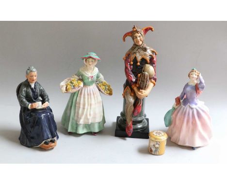 Royal Doulton Figures, Jester HN1702, Cup Of Tea HN2322, Daffy-Down-Dilly HN1712 and Blithe Morning HN2021 together with a Ha