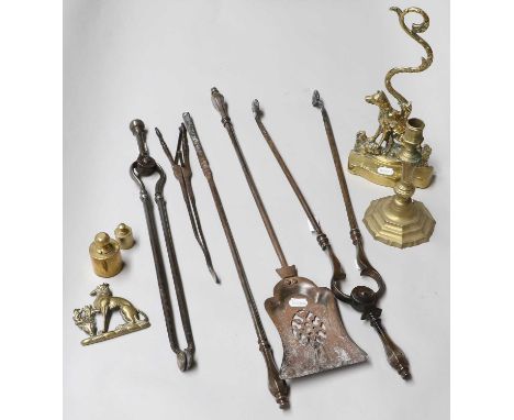 A Victorian Brass Doorstop Surmounted with a Hound, together with assorted Georgian steel fire tools, an armorial brass crest
