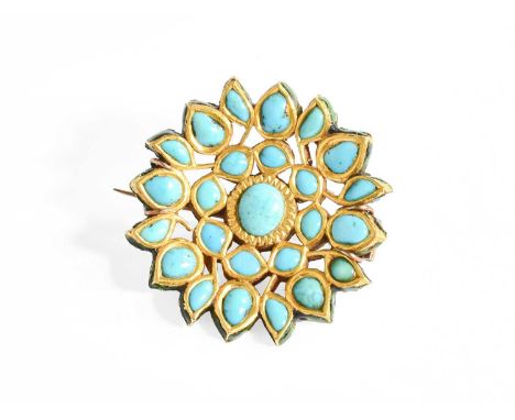 A Jaipur Enamel and Turquoise Brooch, the floral motif set throughout with vari-shaped cabochon turquoise, in yellow rubbed o