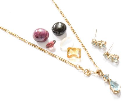 A 9 Carat Gold Blue Topaz Pendant on Chain (a.f.); A Pair of Matching Drop Earrings; and Five Loose Stones, comprising of cit