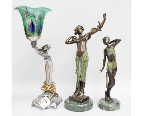 Two Reproduction Art Deco style patinated figures of a dancing girl and an Egyptian nude, one signed Bolic, together with a A