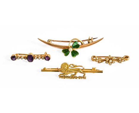 Four Brooches, comprising of an enamel clover motif example, an amethyst and split pearl example, a split pearl example and a